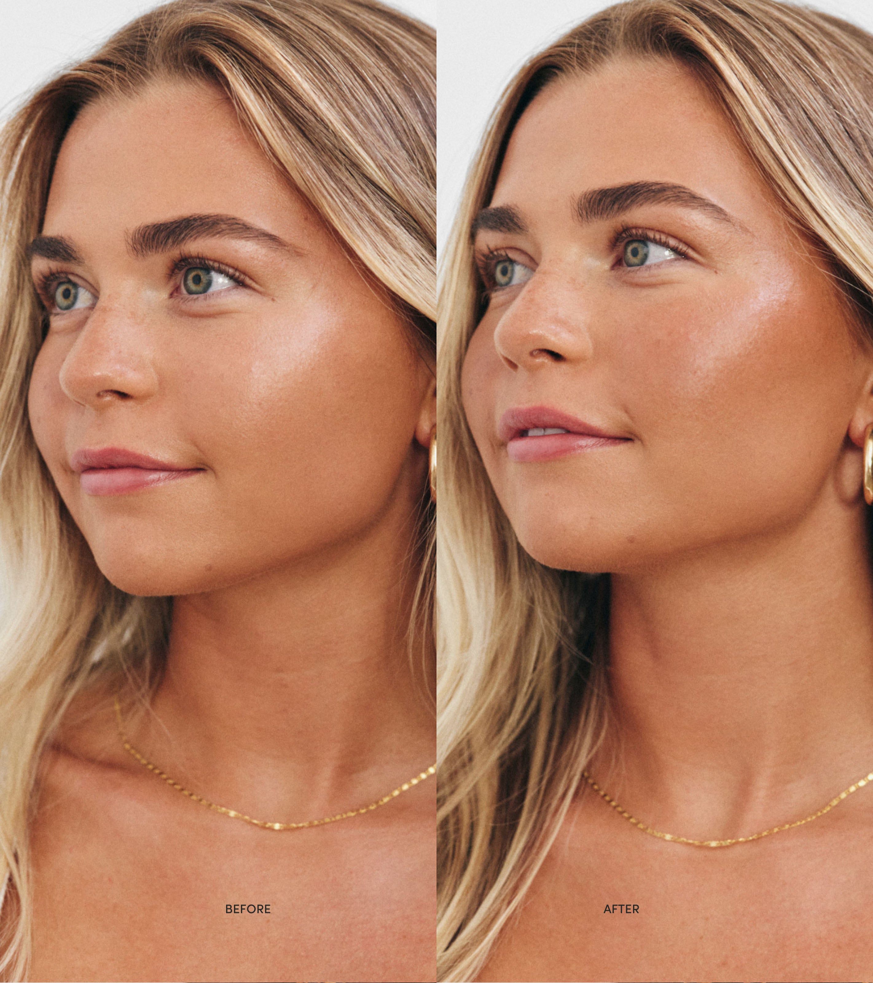 Side by side comparison of a model before applying Saltyface Liquid Bronzer and after with a bronzed appearance.