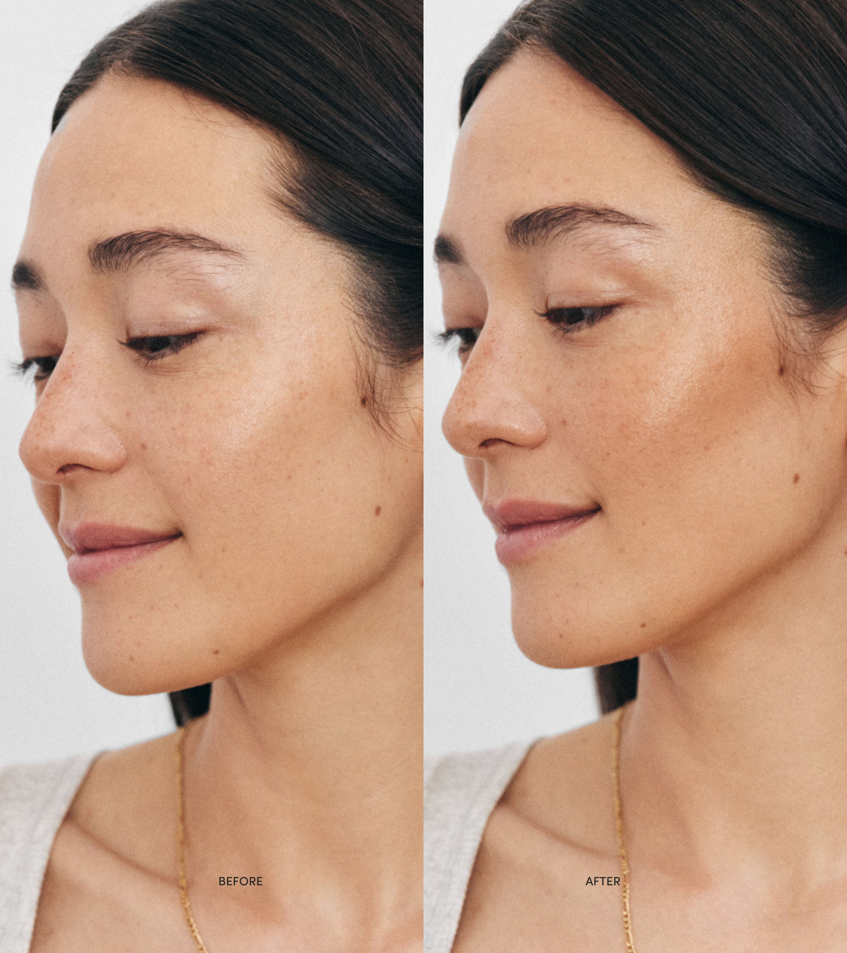 Side by side comparison of a model before applying Saltyface Liquid Bronzer and after with a bronzed contour on her cheek.