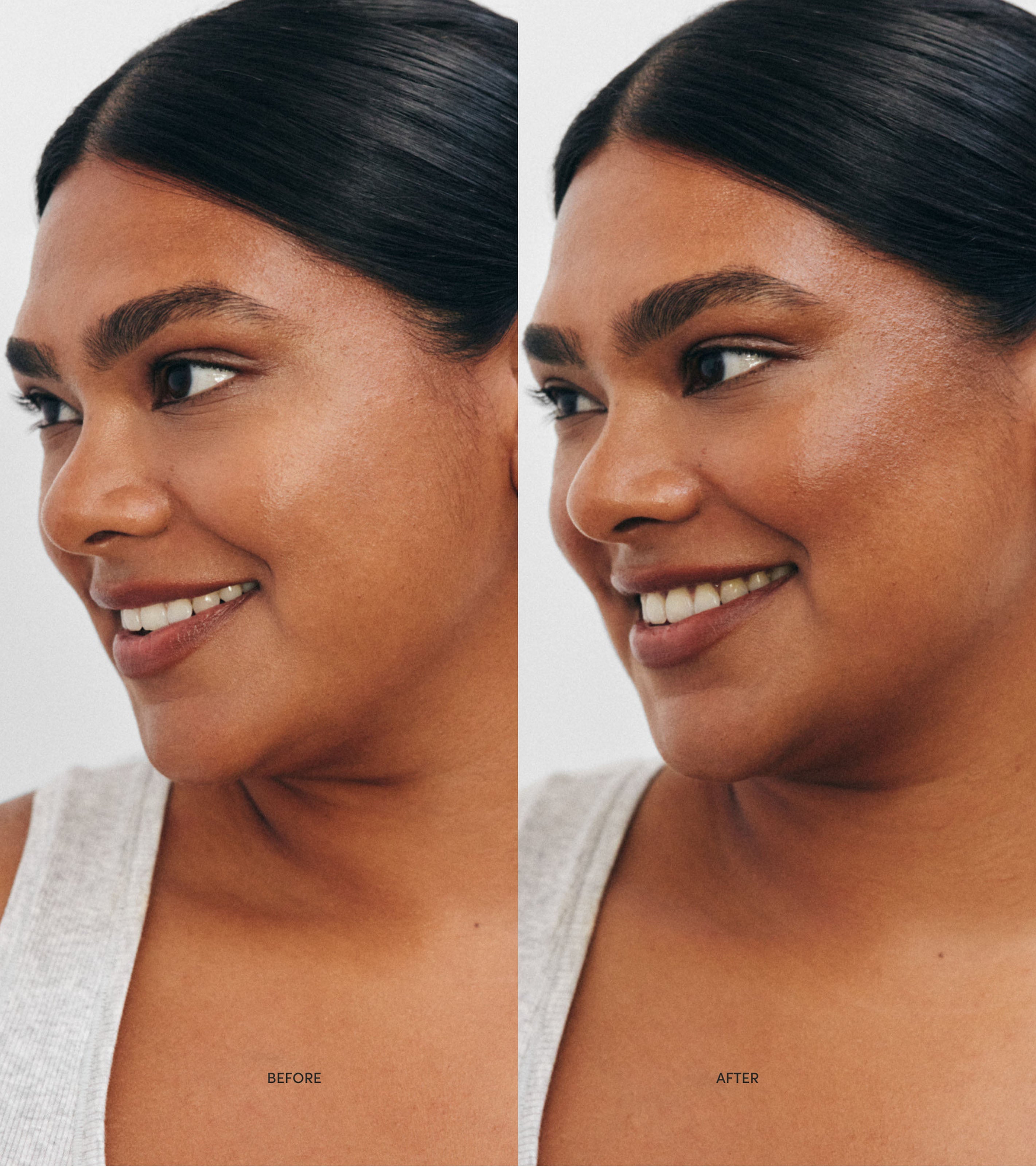 Side by side comparison of a model before applying Saltyface Liquid Bronzer and after with a bronzed appearance.