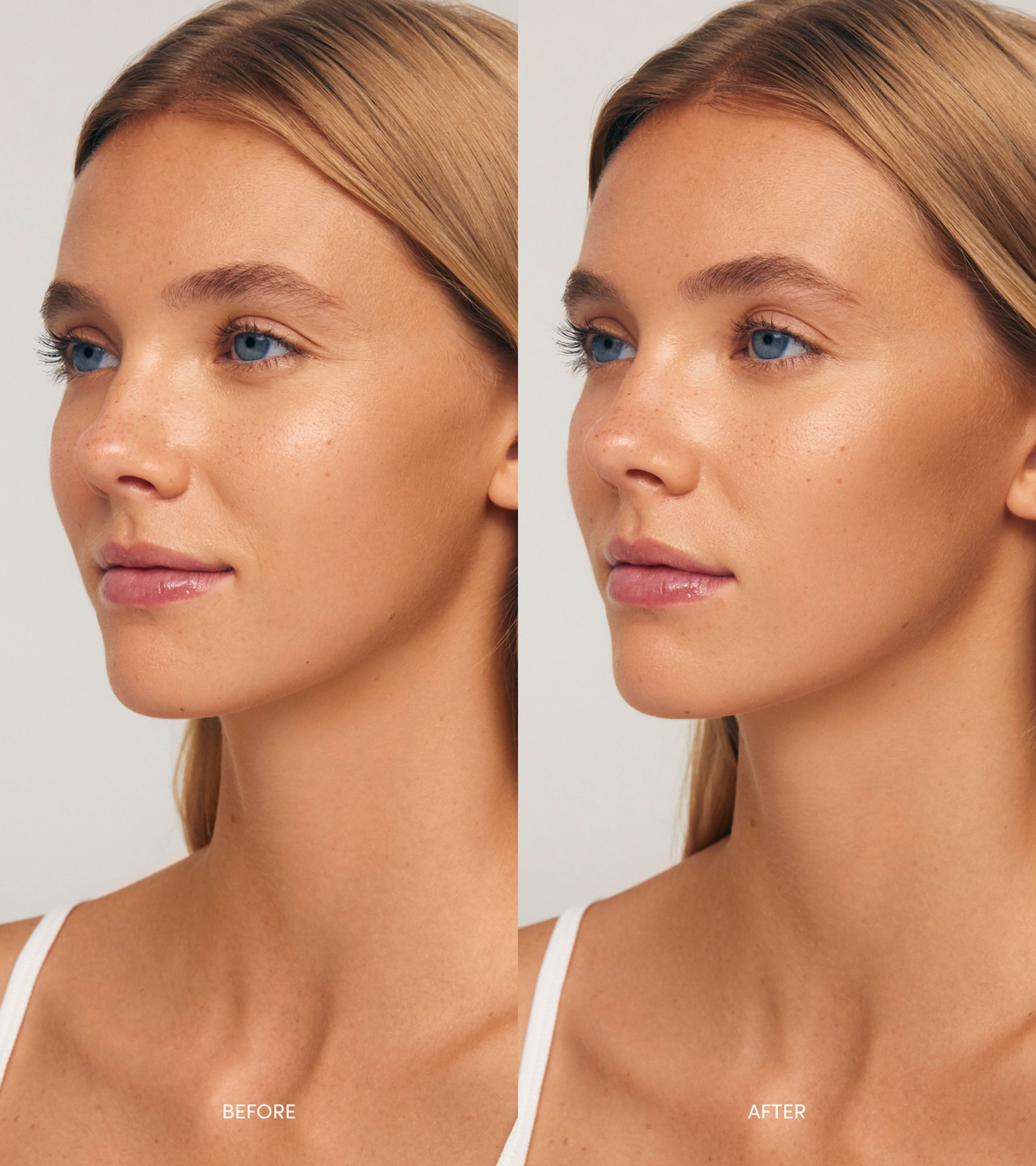 Side-by-side comparison of a woman’s face shows smoother, more radiant skin with enhanced makeup and even tone in the after image, achieved using Liquid Bronzer v2.