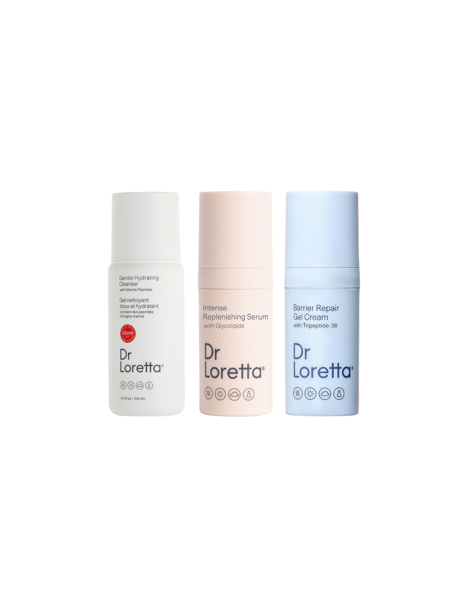 Dr Loretta — Minis are shown in white, pink, and blue bottles against a white background.